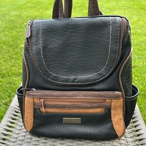 MultiSac Textured Vegan Leather Backpack Purse Black w/ Brown Trim 10” x 11”